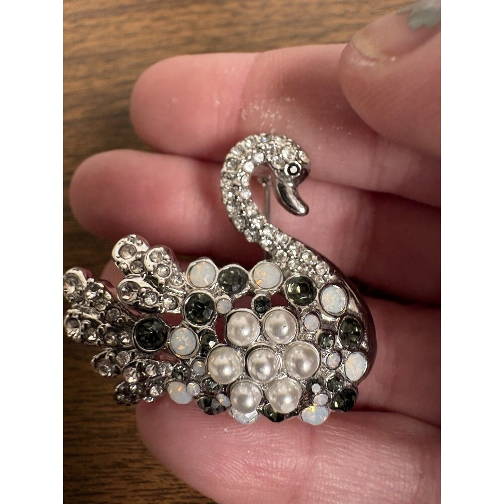 Talbots Swan Brooch | Rhinestones Faux Pearls Opalescent Stones | Signed